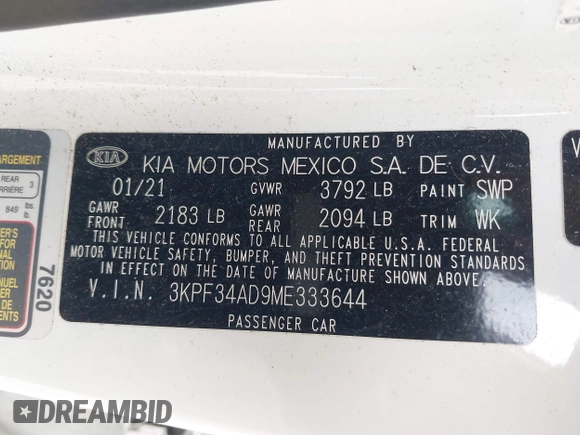 2021 Kia Forte GT-Line z VIN 3KPF34AD9ME333644, wystawiony jako IAAI lot #42367617 z przebiegiem 58 791 mil mil oraz . Historia ofert i sprzedaży dostępna na DreamBid. Obrazek 9.