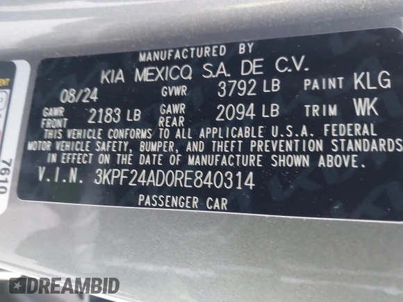 2024 Kia Forte LXS with VIN 3KPF24AD0RE840314, listed as a IAAI auction lot 41804524 with 10,605 mi miles and . Bid and sale history available at DreamBid. Image 9.