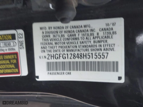 2008 Honda Civic Cpe EX with VIN 2HGFG12848H515557, listed as a IAAI auction lot 41893587 with 158,682 mi miles. Bid and sale history available at carsss.com. Image 9.