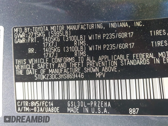 2017 Toyota Sienna LE Auto Access Seat with VIN 5TDKZ3DC3HS869446, listed as a IAAI auction lot 41828033 with 61,082 mi miles and . Bid and sale history available at DreamBid. Image 9.
