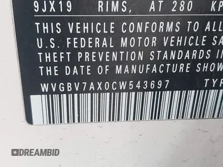 2012 Volkswagen Tiguan S with VIN WVGBV7AX0CW543697, listed as a IAAI auction lot 41853077 with 113,002 mi miles and . Bid and sale history available at DreamBid. Image 9.
