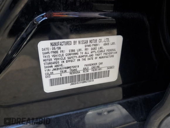 2008 Infiniti G35 x with VIN JNKBV61F68M272619, listed as a Copart auction lot 70244584 with 162,741 mi miles and Salvage Title. Bid and sale history available at DreamBid. Image 12.