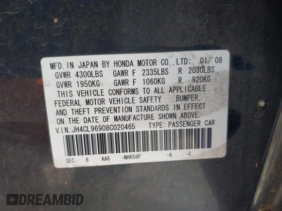 2008 Acura TSX Nav with VIN JH4CL96908C020465, listed as a IAAI auction lot 42510459 with 218,574 mi miles and . Bid and sale history available at DreamBid. Image 9.