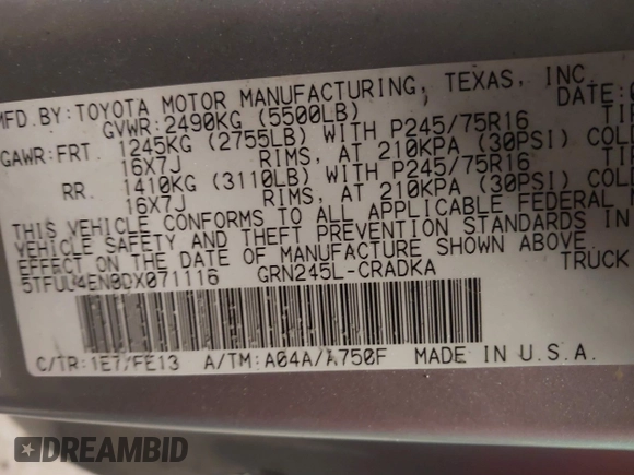 2013 Toyota Tacoma with VIN 5TFUU4EN0DX071116, listed as a IAAI auction lot 41647546 with 243,898 mi miles and . Bid and sale history available at DreamBid. Image 9.