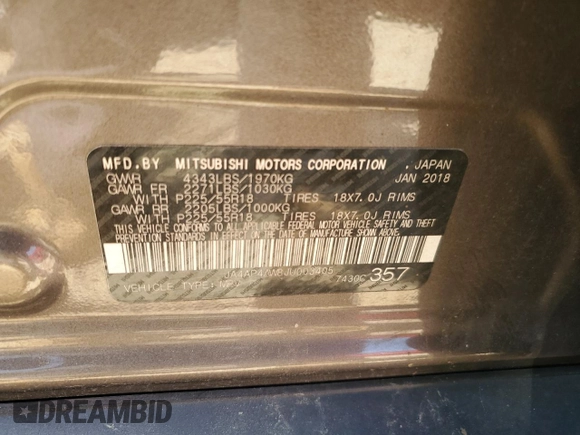 2018 Mitsubishi Outlander SEL with VIN JA4AP4AW8JU003405, listed as a Copart auction lot 52287615 with 66,625 mi miles and Salvage title. Bid and sale history available at DreamBid. Image 15.