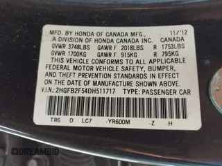 2013 Honda Civic LX with VIN 2HGFB2F54DH511717, listed as a IAAI auction lot 42395720 with 112,971 mi miles and . Bid and sale history available at DreamBid. Image 9.