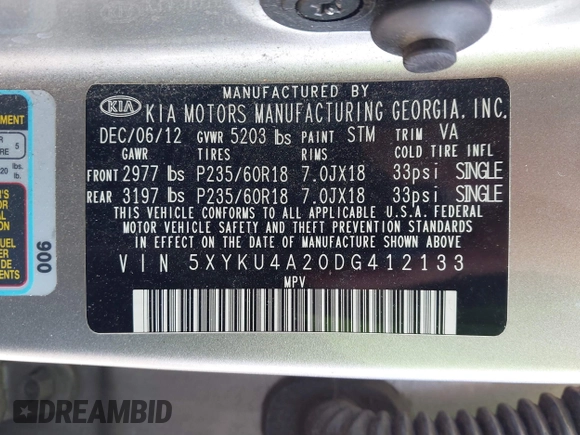 2013 Kia Sorento EX with VIN 5XYKU4A20DG412133, listed as a IAAI auction lot 41826871 with 76,233 mi miles and . Bid and sale history available at carsss.com. Image 9.