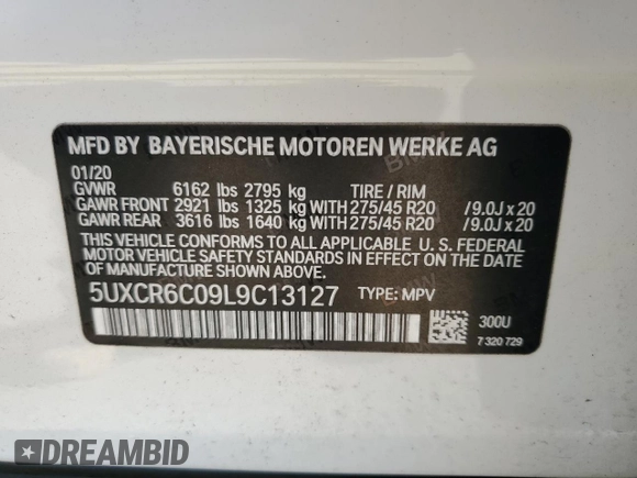 2020 BMW X5 xDrive40i with VIN 5UXCR6C09L9C13127, listed as a Copart auction lot 53941035 with 76,685 mi miles and Salvage title. Bid and sale history available at DreamBid. Image 13.