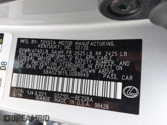 2020 Lexus ES 350 with VIN 58ADZ1B11LU068649, listed as a IAAI auction lot 42289047 with 38,593 mi miles and . Bid and sale history available at DreamBid. Image 9.