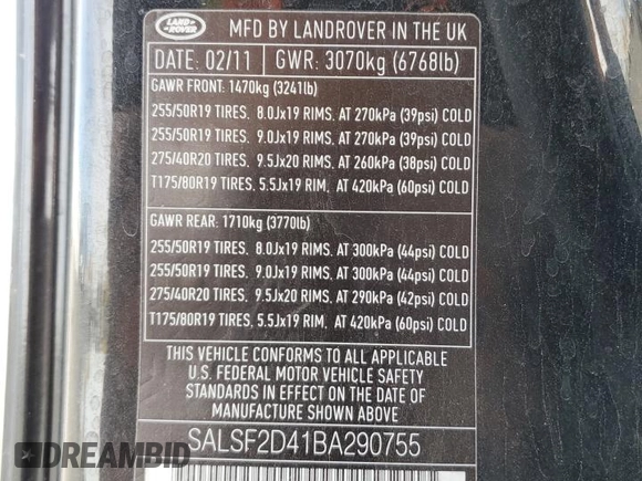 2011 Land Rover Range Rover Sport HSE with VIN SALSF2D41BA290755, listed as a Copart auction lot 41808695 with 183,187 mi miles and Salvage Title. Bid and sale history available at DreamBid. Image 14.