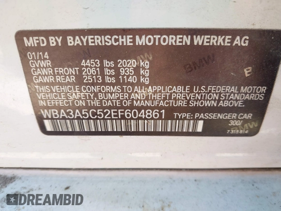 2014 BMW 3 Series 328i with VIN WBA3A5C52EF604861, listed as a IAAI auction lot 41701480 with Not Provided miles. Bid and sale history available at carsss.com. Image 9.