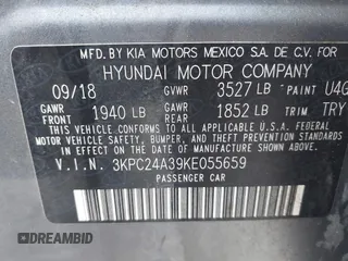 2019 Hyundai Accent SE with VIN 3KPC24A39KE055659, listed as a IAAI auction lot 41048549 with 57,101 mi miles. Bid and sale history available at carsss.com. Image 9.