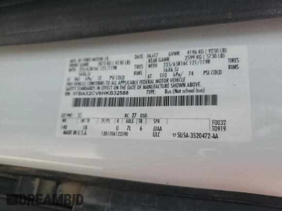 2017 Ford Transit XL with VIN 1FBAX2CV6HKB32588, listed as a Copart auction lot 73538674 with Not provided miles and Salvage title. Bid and sale history available at DreamBid. Image 15.