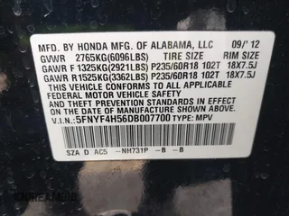 2013 Honda Pilot EX-L with VIN 5FNYF4H56DB007700, listed as a IAAI auction lot 41696288 with 167,658 mi miles. Bid and sale history available at carsss.com. Image 9.