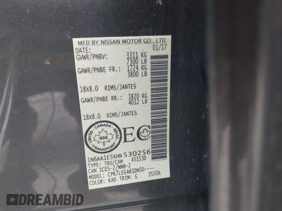 2017 Nissan Titan Platinum Reserve z VIN 1N6AA1E5XHN530256, wystawiony jako IAAI lot #42031654 z przebiegiem 97 200 mil mil oraz . Historia ofert i sprzedaży dostępna na DreamBid. Obrazek 9.