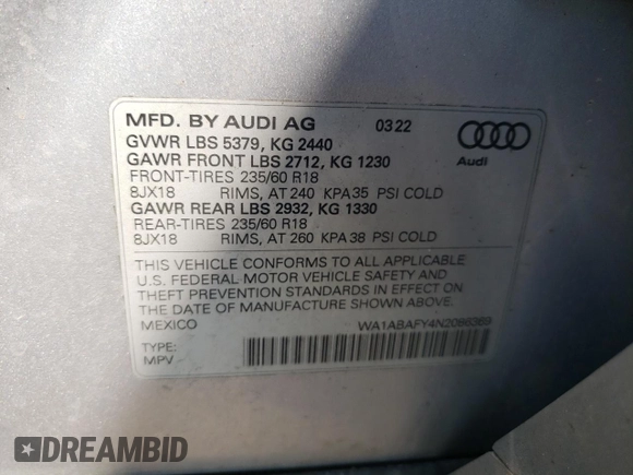 2022 Audi Q5 Premium with VIN WA1ABAFY4N2086369, listed as a Copart auction lot 58120795 with 37,756 mi miles and Salvage title. Bid and sale history available at DreamBid. Image 13.