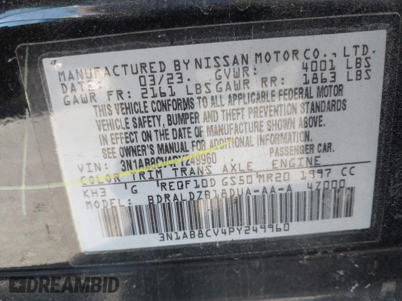 2023 Nissan Sentra SV with VIN 3N1AB8CV4PY249960, listed as a IAAI auction lot 42228572 with 43,047 mi miles and . Bid and sale history available at DreamBid. Image 9.