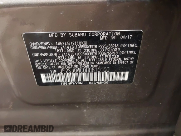 2017 Subaru Forester Touring with VIN JF2SJGWC0HH810100, listed as a IAAI auction lot 41646141 with 69,556 mi miles. Bid and sale history available at carsss.com. Image 9.