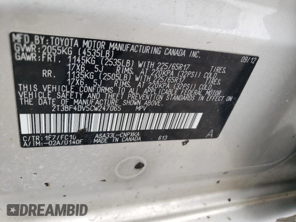 2012 Toyota RAV4 with VIN 2T3BF4DV5CW247065, listed as a Copart auction lot 61415205 with 111,731 mi miles and Salvage title. Bid and sale history available at DreamBid. Image 12.