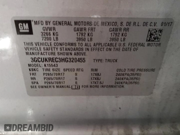 2017 Chevrolet Silverado 1500 LT with VIN 3GCUKREC3HG320455, listed as a Copart auction lot 43765005 with 119,683 mi miles and Salvage Title. Bid and sale history available at DreamBid. Image 12.