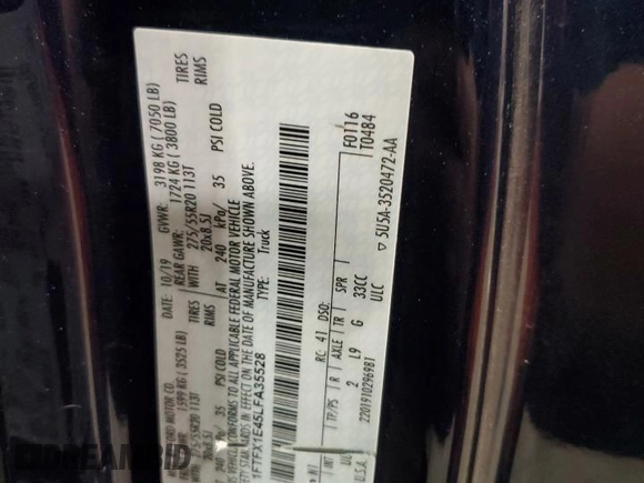 2020 Ford F-150 XL with VIN 1FTFX1E45LFA35528, listed as a Copart auction lot 51899915 with 58,736 mi miles and Salvage Title. Bid and sale history available at carsss.com. Image 12.