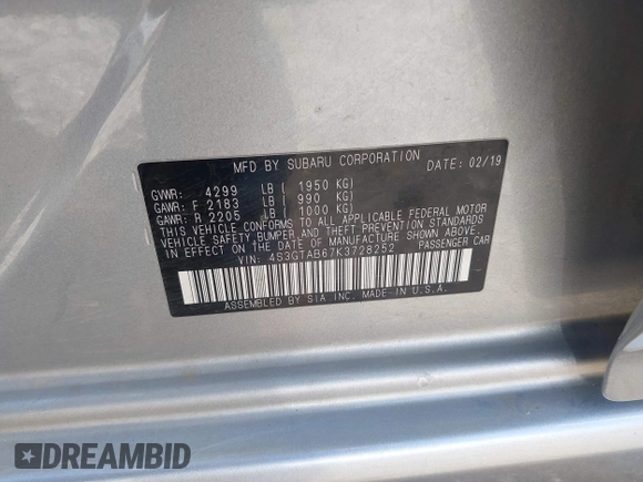 2019 Subaru Impreza с VIN 4S3GTAB67K3728252, выставлен на аукционе IAAI как лот 42282804 с пробегом 100 336 миль миль и . История ставок и продаж доступна на DreamBid. Изображение 9.