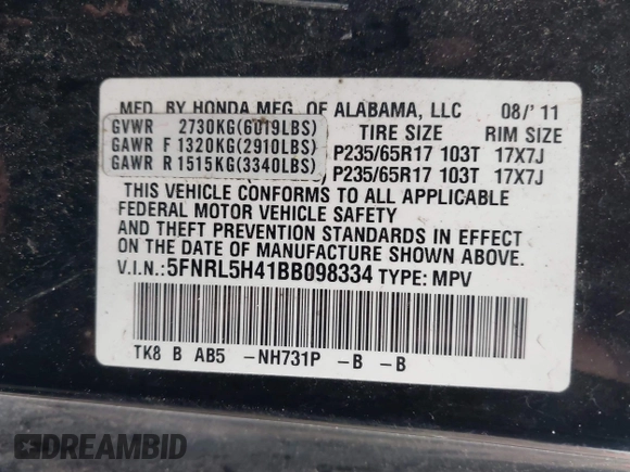 2011 Honda Odyssey EX с VIN 5FNRL5H41BB098334, выставлен на аукционе IAAI как лот 42319265 с пробегом 221 321 миль миль и . История ставок и продаж доступна на DreamBid. Изображение 9.