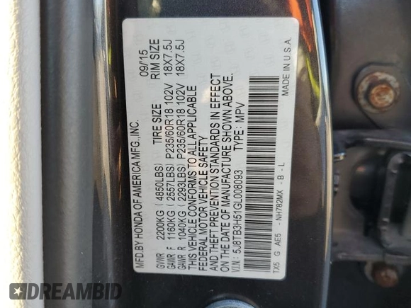 2016 Acura RDX Technology with VIN 5J8TB3H51GL008093, listed as a Copart auction lot 41531405 with 140,265 mi miles and Salvage Title. Bid and sale history available at DreamBid. Image 13.