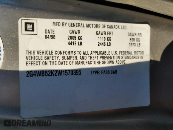 1998 Buick Regal LS with VIN 2G4WB52K2W1570395, listed as a Copart auction lot 85136314 with 131,826 mi miles and Salvage Title. Bid and sale history available at carsss.com. Image 12.