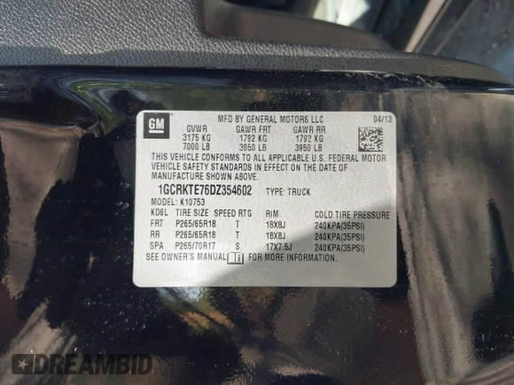 2013 Chevrolet Silverado 1500 LTZ with VIN 1GCRKTE76DZ354602, listed as a IAAI auction lot 42066451 with 81,907 mi miles and . Bid and sale history available at DreamBid. Image 9.