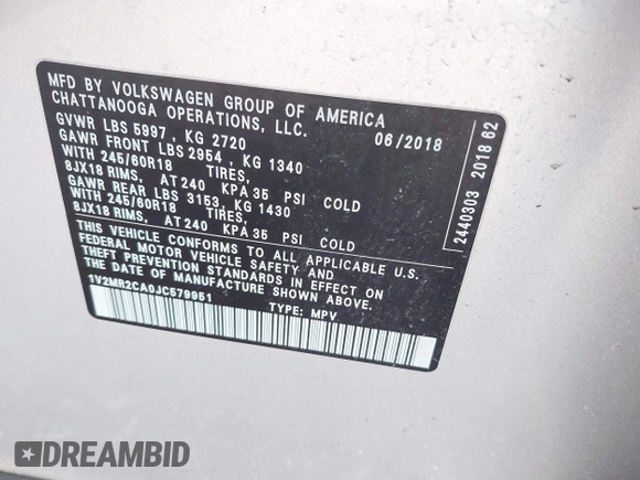 2018 Volkswagen Atlas SEL with VIN 1V2MR2CA0JC579951, listed as a IAAI auction lot 41780339 with 149,968 mi miles and . Bid and sale history available at DreamBid. Image 9.