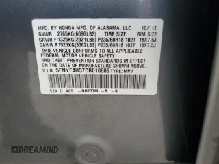 2013 Honda Pilot EX-L with VIN 5FNYF4H57DB010606, listed as a Copart auction lot 48666005 with 0 mi miles and Salvage Title. Bid and sale history available at carsss.com. Image 13.
