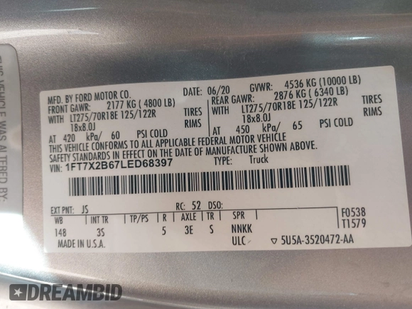2020 Ford F-250 XL с VIN 1FT7X2B67LED68397, выставлен на аукционе IAAI как лот 41486599 с пробегом 147 579 миль миль и . История ставок и продаж доступна на DreamBid. Изображение 9.