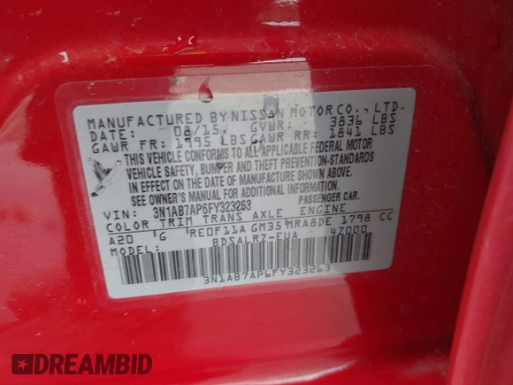 2015 Nissan Sentra S with VIN 3N1AB7AP6FY323263, listed as a IAAI auction lot 41892763 with 140,527 mi miles. Bid and sale history available at carsss.com. Image 9.