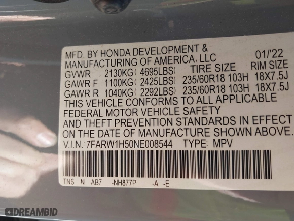 2022 Honda CR-V EX with VIN 7FARW1H50NE008544, listed as a IAAI auction lot 41776693 with 36,937 mi miles. Bid and sale history available at carsss.com. Image 9.