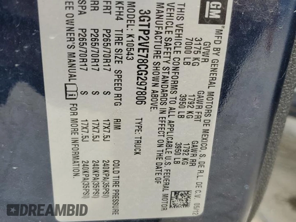 2012 GMC Sierra 1500 SLE with VIN 3GTP2VE78CG297806, listed as a Copart auction lot 58544315 with 229,873 mi miles and Salvage title. Bid and sale history available at DreamBid. Image 12.