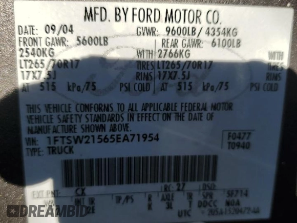 2005 Ford F-250 XL with VIN 1FTSW21565EA71954, listed as a Copart auction lot 76708144 with 229,182 mi miles and Salvage title. Bid and sale history available at DreamBid. Image 12.