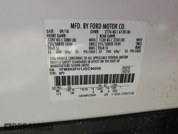 2018 Ford Explorer Limited с VIN 1FM5K8FH1JGC96050, выставлен на аукционе Copart как лот 44152405 с пробегом 108 278 миль миль и Списание • Salvage title. История ставок и продаж доступна на DreamBid. Изображение 12.