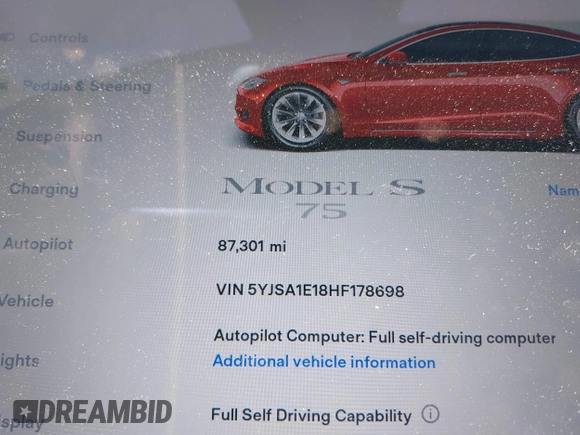 2017 Tesla Model S 60 z VIN 5YJSA1E18HF178698, wystawiony jako IAAI lot #42627397 z przebiegiem 87 301 mil mil oraz . Historia ofert i sprzedaży dostępna na DreamBid. Obrazek 15.
