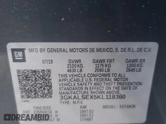 2019 GMC Terrain Denali with VIN 3GKALSEX5KL118360, listed as a Copart auction lot 87846635 with 135,068 mi miles and Salvage Title. Bid and sale history available at DreamBid. Image 15.