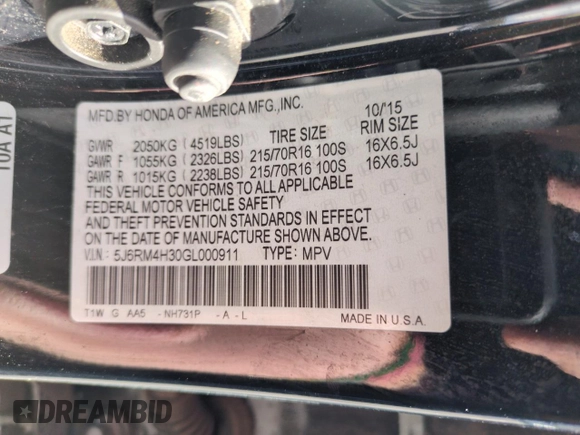 2016 Honda CR-V LX with VIN 5J6RM4H30GL000911, listed as a Copart auction lot 53693205 with 184,295 mi miles and Salvage Title. Bid and sale history available at DreamBid. Image 13.