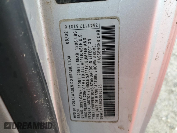2003 Volkswagen Golf с VIN 9BWBK61J034016375, выставлен на аукционе Copart как лот 81534384 с пробегом Не указан миль и Списание • Salvage title. История ставок и продаж доступна на DreamBid. Изображение 12.
