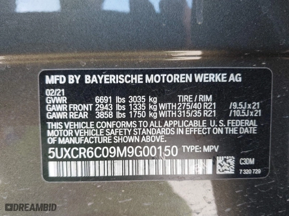 2021 BMW X5 xDrive40i with VIN 5UXCR6C09M9G00150, listed as a IAAI auction lot 41647528 with 1 mi miles. Bid and sale history available at carsss.com. Image 9.