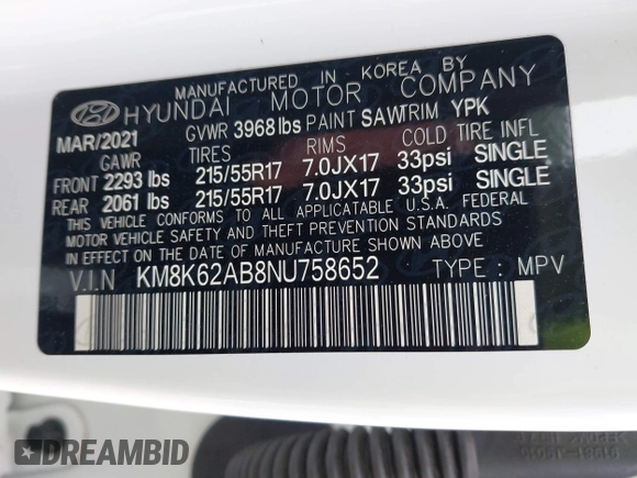 2022 Hyundai Kona SEL with VIN KM8K62AB8NU758652, listed as a IAAI auction lot 41692410 with 10,732 mi miles. Bid and sale history available at carsss.com. Image 9.