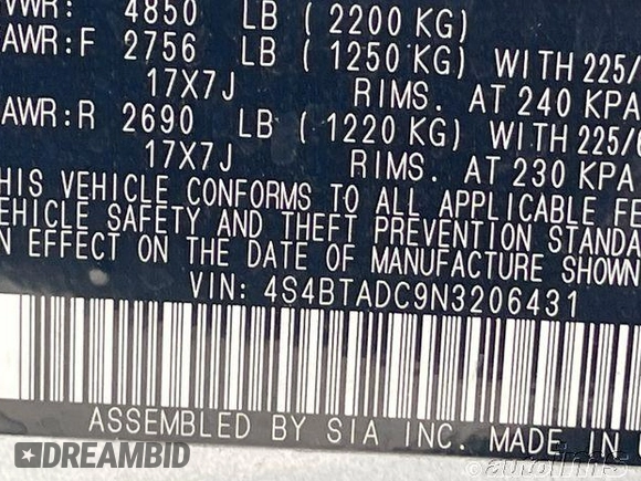 2022 Subaru Outback Premium with VIN 4S4BTADC9N3206431, listed as a IAAI auction lot 42821374 with 72,791 mi miles and . Bid and sale history available at DreamBid. Image 8.