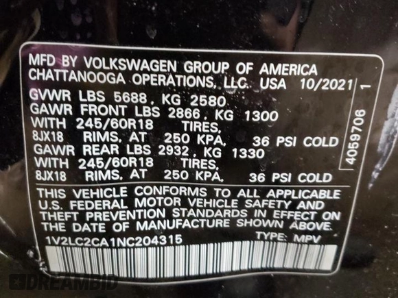 2022 Volkswagen Atlas SE with VIN 1V2LC2CA1NC204315, listed as a Copart auction lot 87311904 with 33,766 mi miles and Salvage title. Bid and sale history available at DreamBid. Image 12.