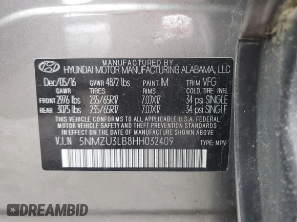 2017 Hyundai Santa Fe 2.4L z VIN 5NMZU3LB8HH032409, wystawiony jako Copart lot #57939915 z przebiegiem 105 494 mil mil oraz Szkoda całkowita • Salvage title. Historia ofert i sprzedaży dostępna na DreamBid. Obrazek 12.