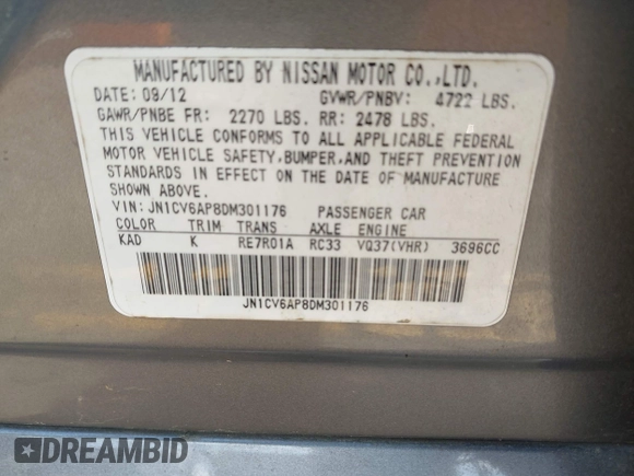 2013 Infiniti G37 Journey with VIN JN1CV6AP8DM301176, listed as a IAAI auction lot 42158812 with 210,224 mi miles and . Bid and sale history available at DreamBid. Image 9.