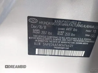 2019 Hyundai Sonata SE with VIN 5NPE24AF4KH766121, listed as a IAAI auction lot 41794665 with 101,673 mi miles and . Bid and sale history available at carsss.com. Image 9.