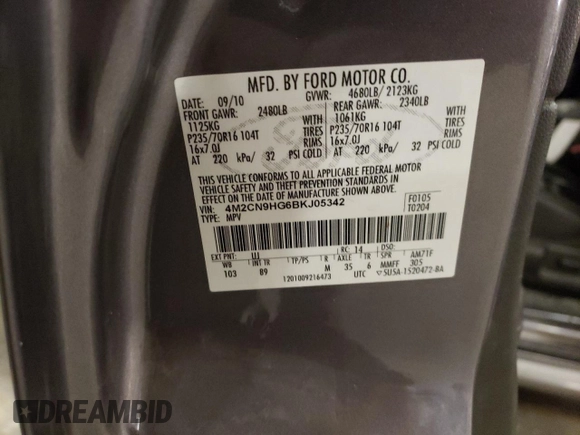 2011 Mercury Mariner Premier with VIN 4M2CN9HG6BKJ05342, listed as a Copart auction lot 54748555 with 168,073 mi miles and Salvage title. Bid and sale history available at DreamBid. Image 13.